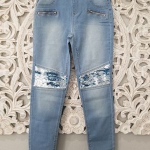 flip sequin knee pull on jean legging